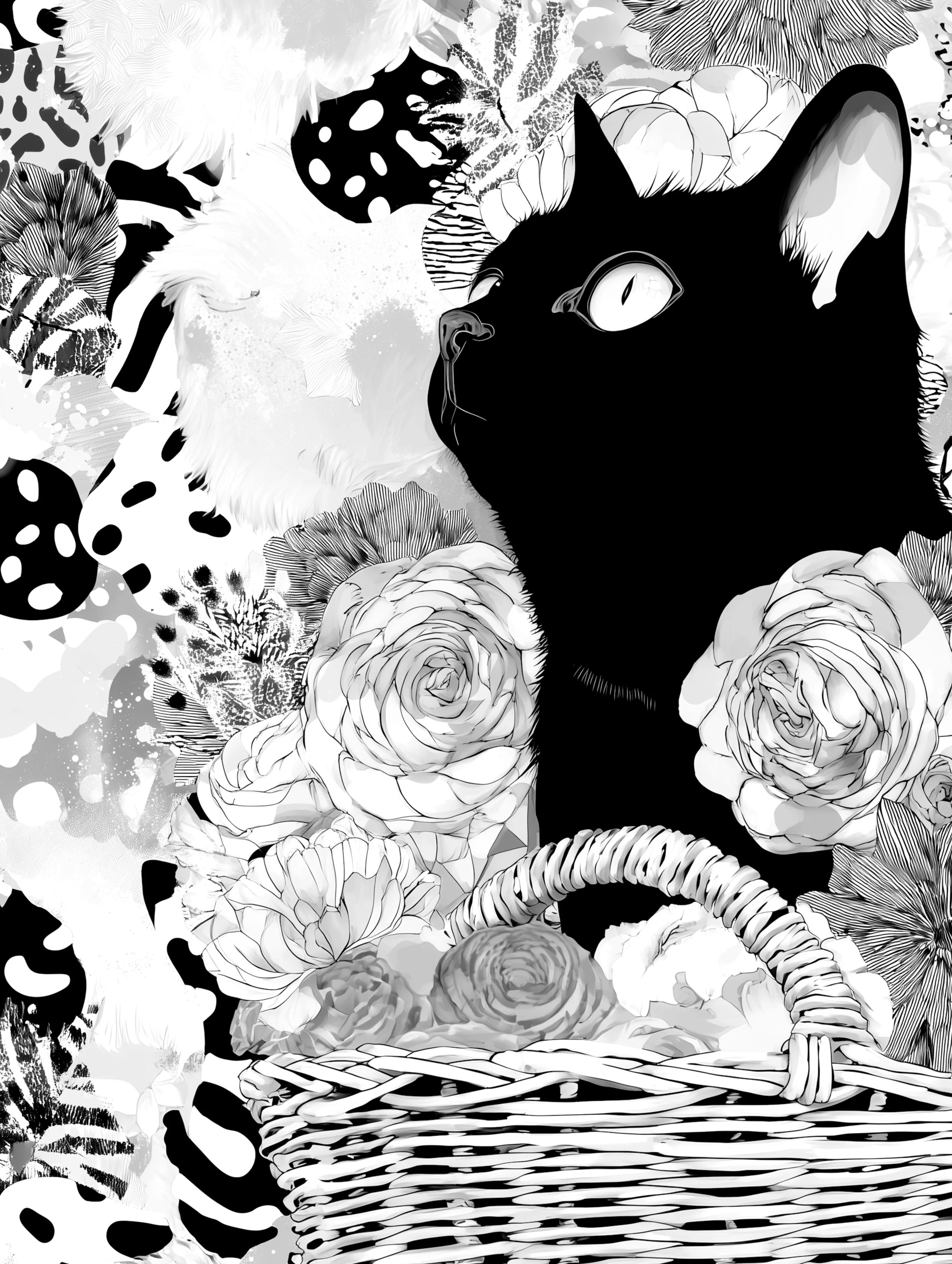 Free printable black cat coloring page for adults featuring black cat in a basket